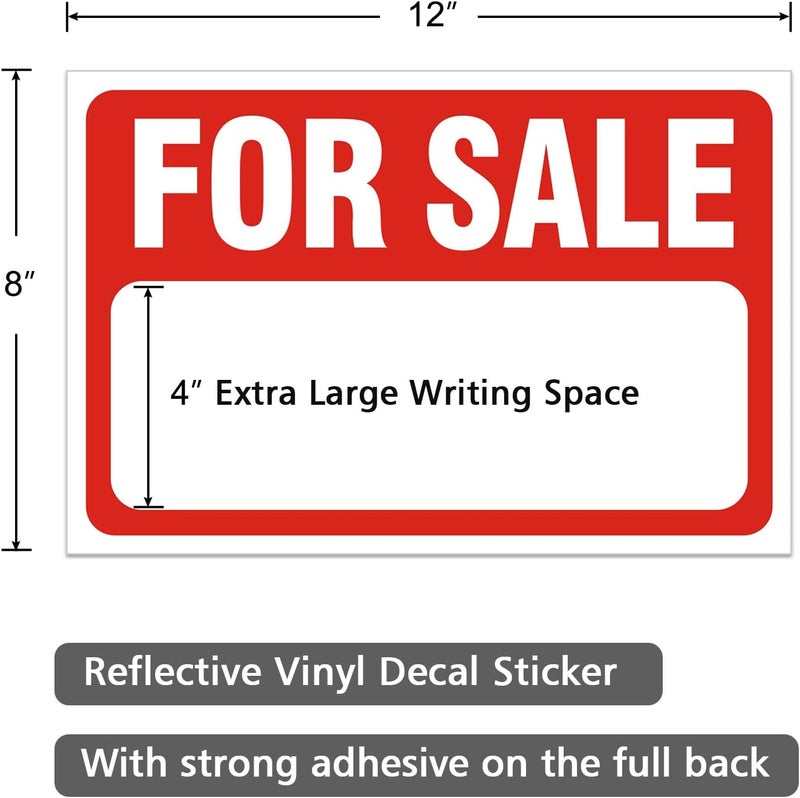Ayifan 2 Pack For Sale Sign Stickers,12" x 8" Sale Sign for Car and Vehicles, Self-Adhesive Vinyl Decal for House,Home,Boats,Large Space for Handwriting Red - Image 2